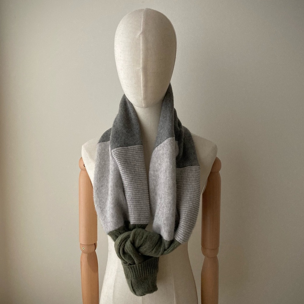 joodito 100% cashmere tie sweater japanese boro boho patchwork scarf gray green